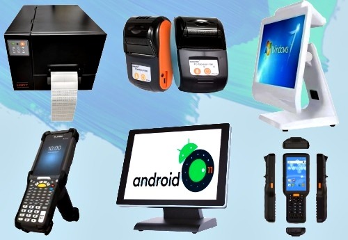 complete barcode solution android pos machine, window pos system, point of sale machine, billing printer, pos printer, portable data terminal, mobile computer, 300 dpi metal body label printer, thermal label printer, barcode printer, 200 dpi barcode printer for retail shops.